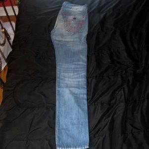 Light blue red stitching skinny jeans from true religion